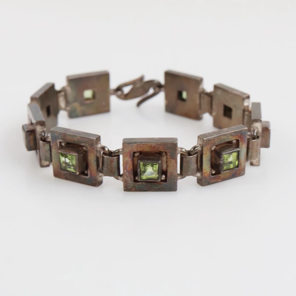 Sterling Silver Light Green Stone Square Link Bracelet