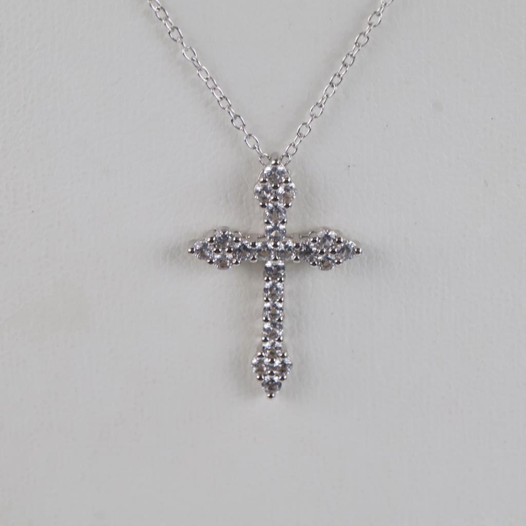 Sterling Silver Necklace With Clear Stone Cross Pendant
