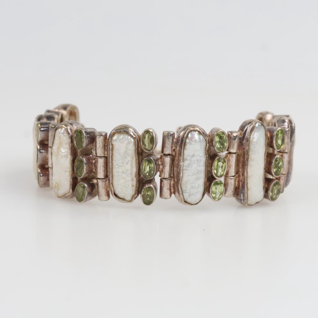 Sterling Silver Pearl And Green Stone Bracelet