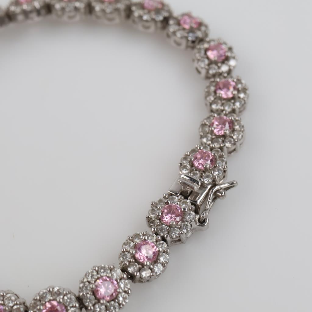 Sterling Silver Pink Stone Clear Stone Accent Bracelet
