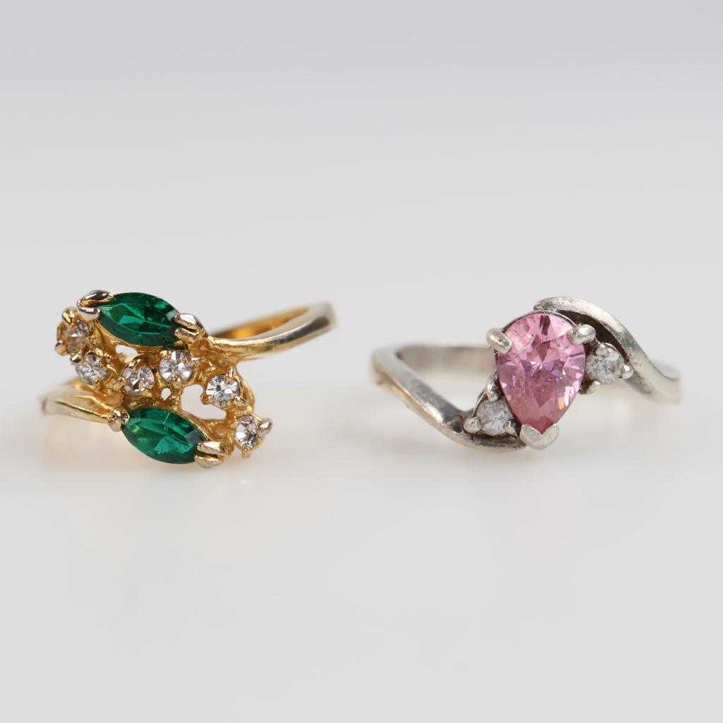 Sterling Silver Pink Stone Ring & Green Stone Fashion Ring, 2 Pieces