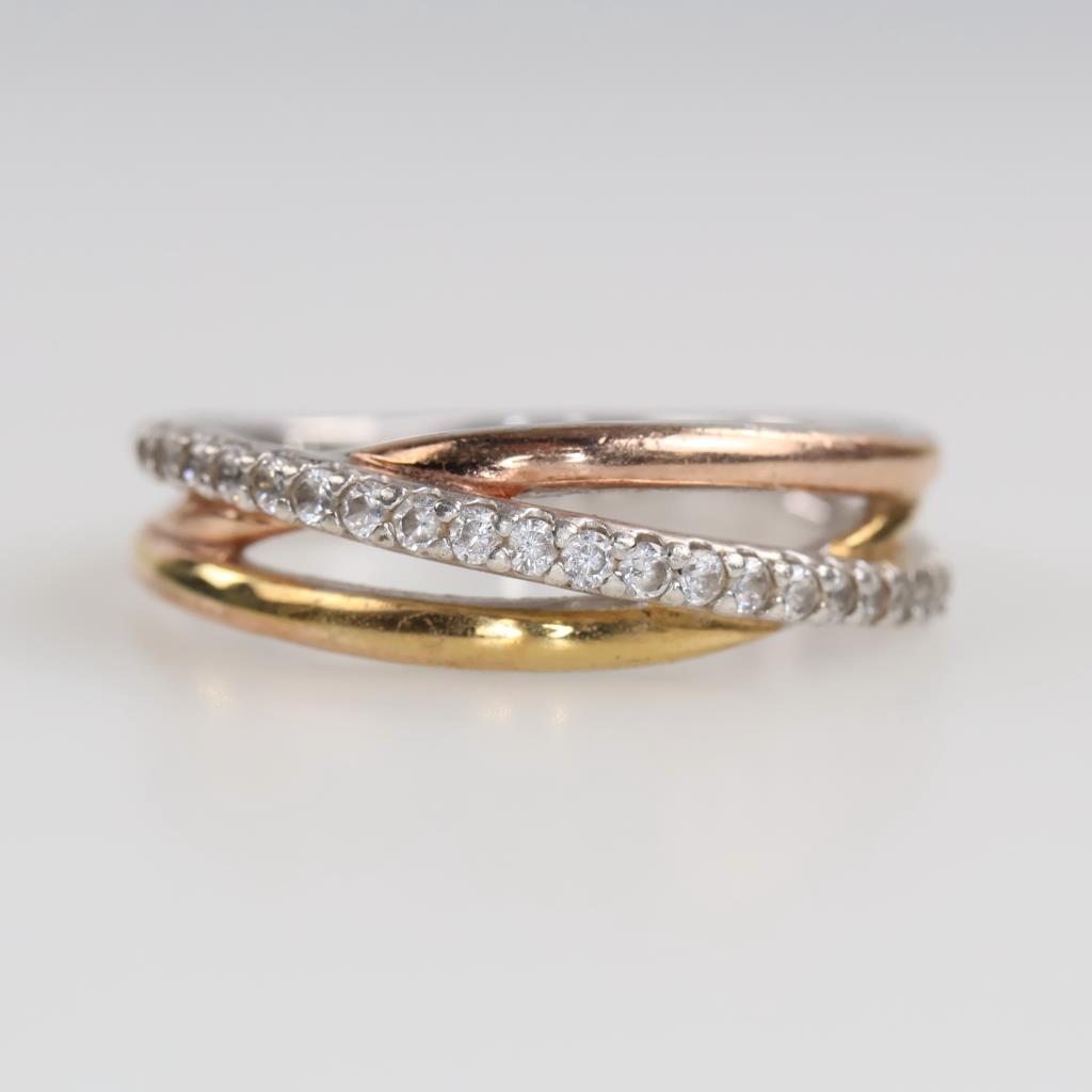 Sterling Silver Platinum Plated Two Tone Gold Accent Clear Stone Ring