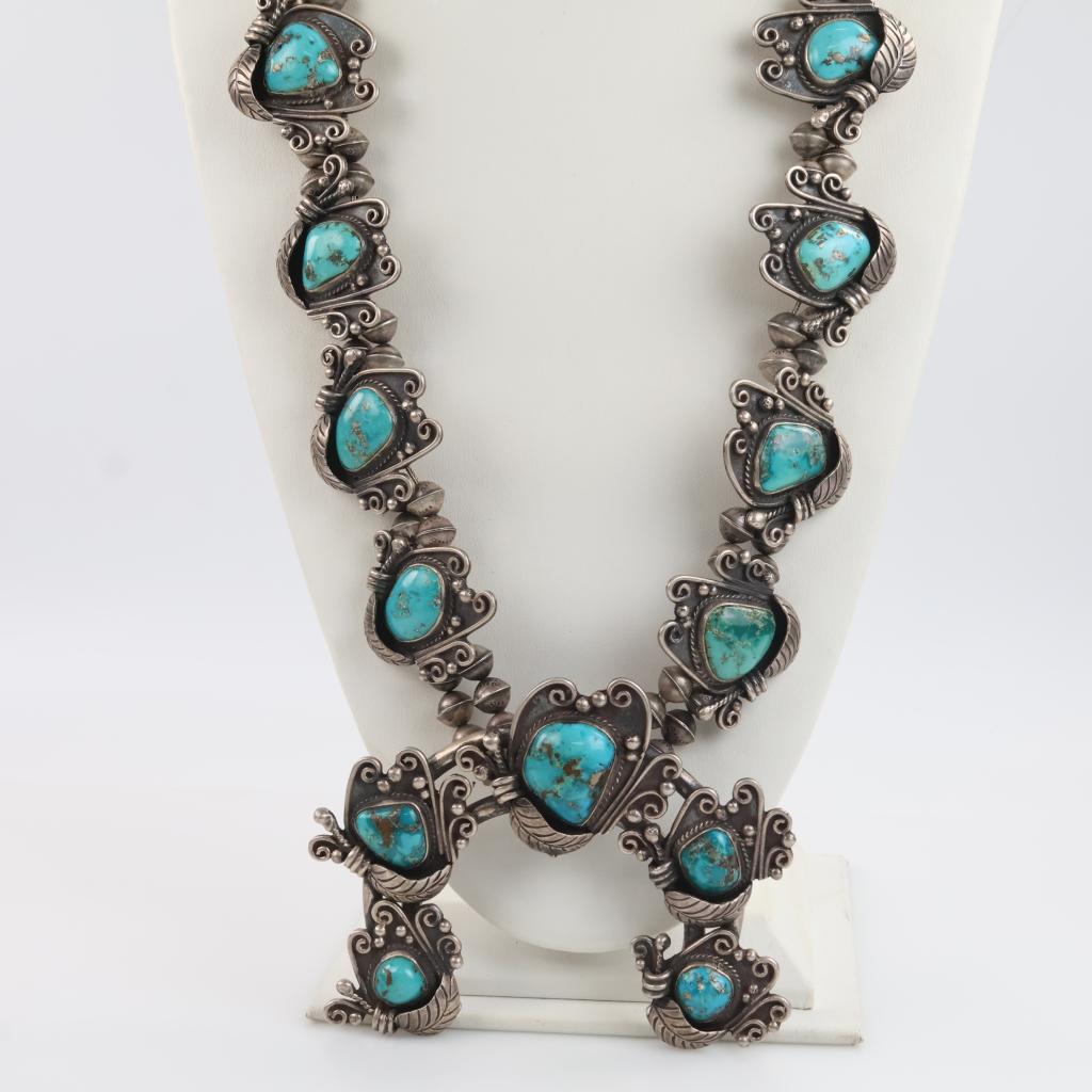 Sterling Silver Squash Blossom Dyed Turquiose Necklace