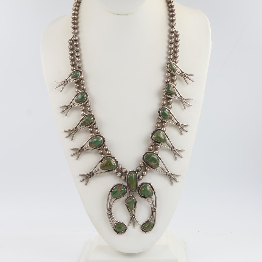 Sterling Silver Squash Blossom Turquoise Necklace