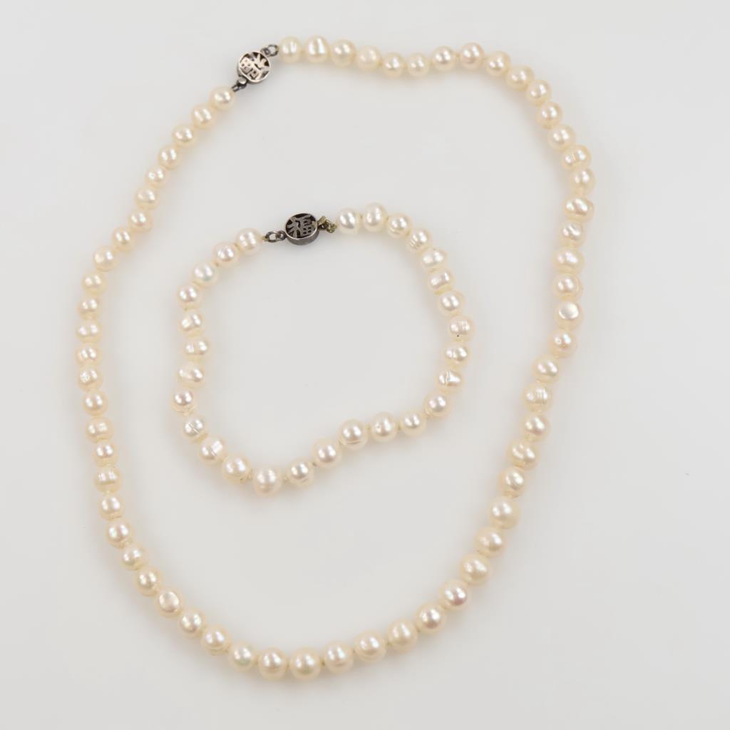 Strand Of Pearl Jewelry Set Sterling Silver Clasps, 2 Pieces