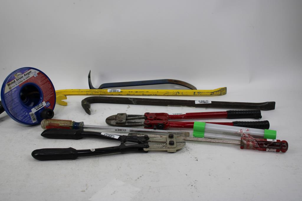 Superbar Pry Bar, Cobra Metal Drum Auger 1/4" X 20' Cable, Bolt Cutters, And More, 9 Pieces