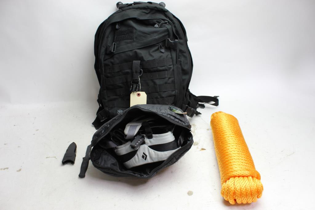 Tactical Performance Backpack, Black Diamond Climbing Harness And More