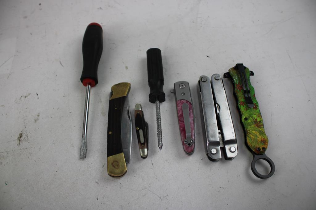 Tasco Binoculars, Knives, Multi-Tool, 9 Pieces