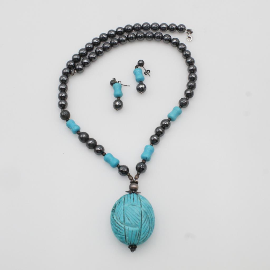 Teal Stone Black Bead Sterling Silver Accent Necklace And Earring Set