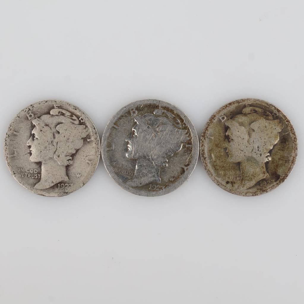 Three 1923 US Mercury Silver Dimes