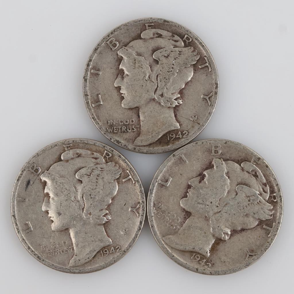 Three 1942 US Mercury Silver Dimes