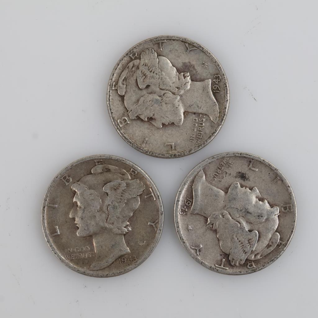 Three 1943 US Mercury Silver Dimes