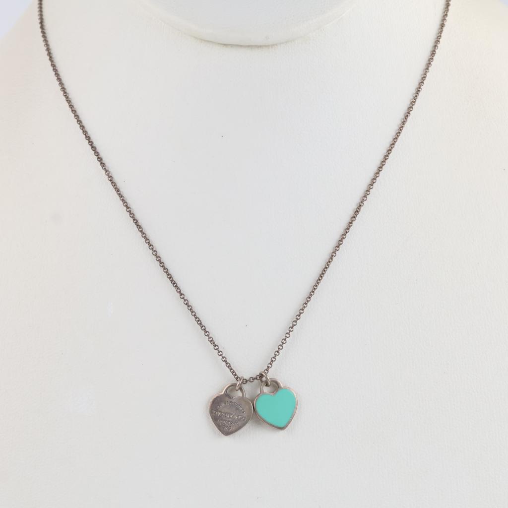 Tiffany & Co. Sterling Silver Blue Double Heart Tag Pendant Necklace
