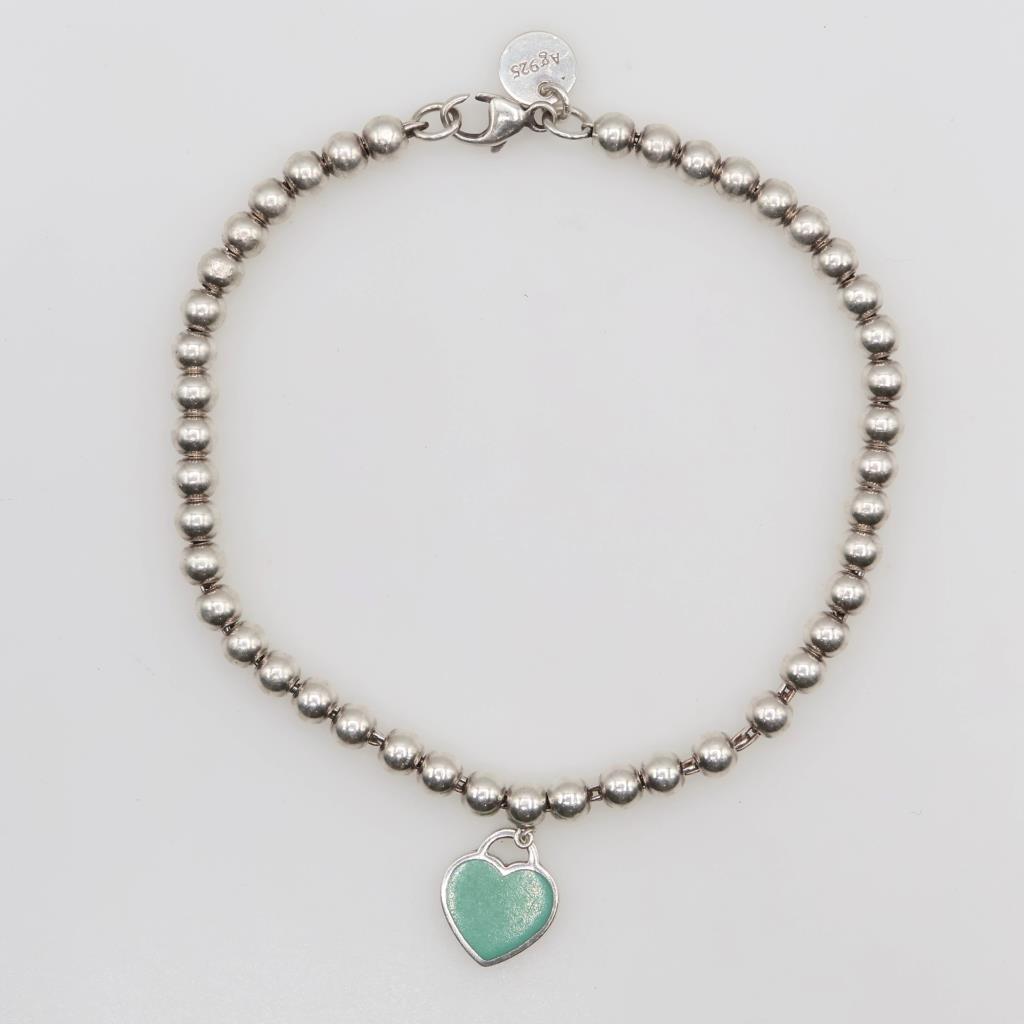 Tiffany & Co. Sterling Silver Blue Heart Tag Bead Bracelet