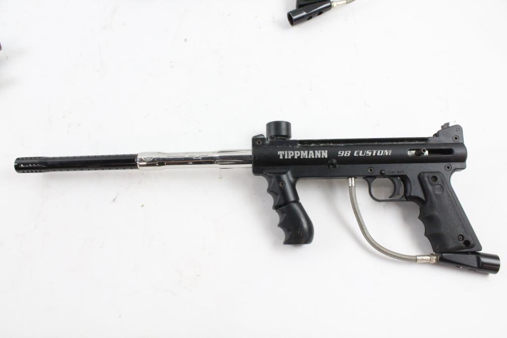 Tippman 98 Custom Paintball Guns With Tanks And Hoppers, 7 Pieces