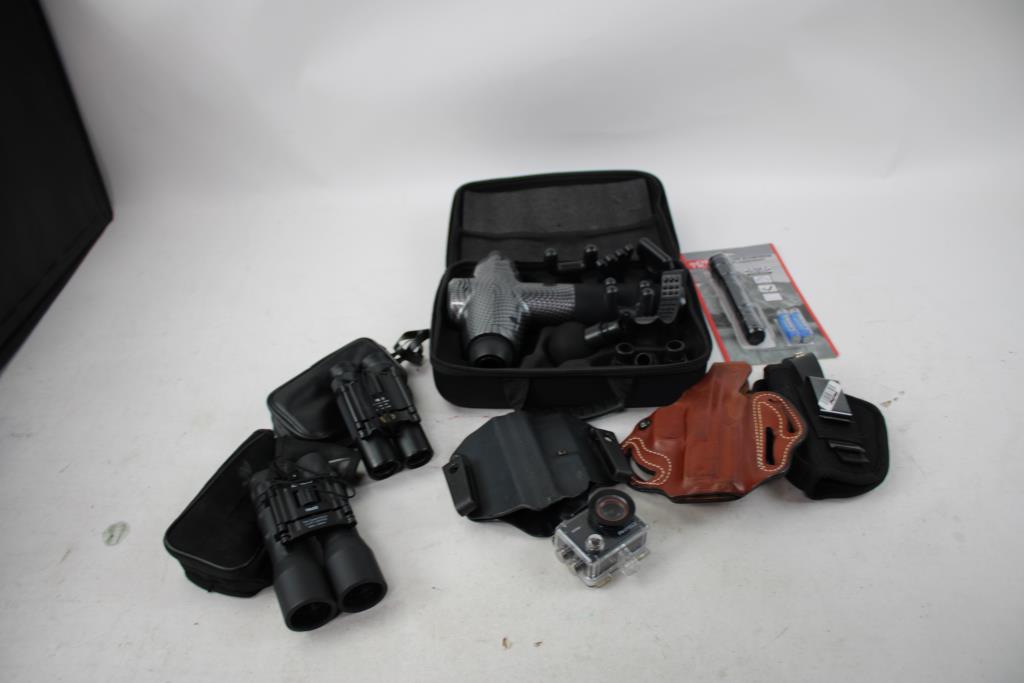Toloco Massage Gun, Tasco Binoculars, Gun Holsters, Flashlight & More 8 Pieces