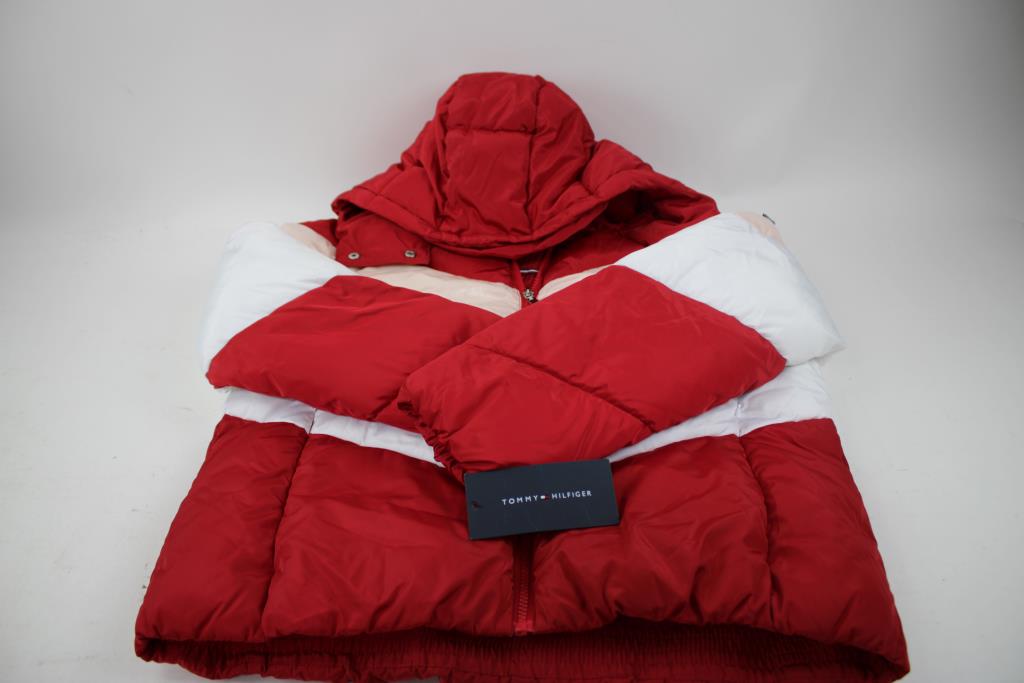 Tommy Hilfiger Multi-Color Striped Hooded Puffer Jacket, Red/Peach/White, Medium