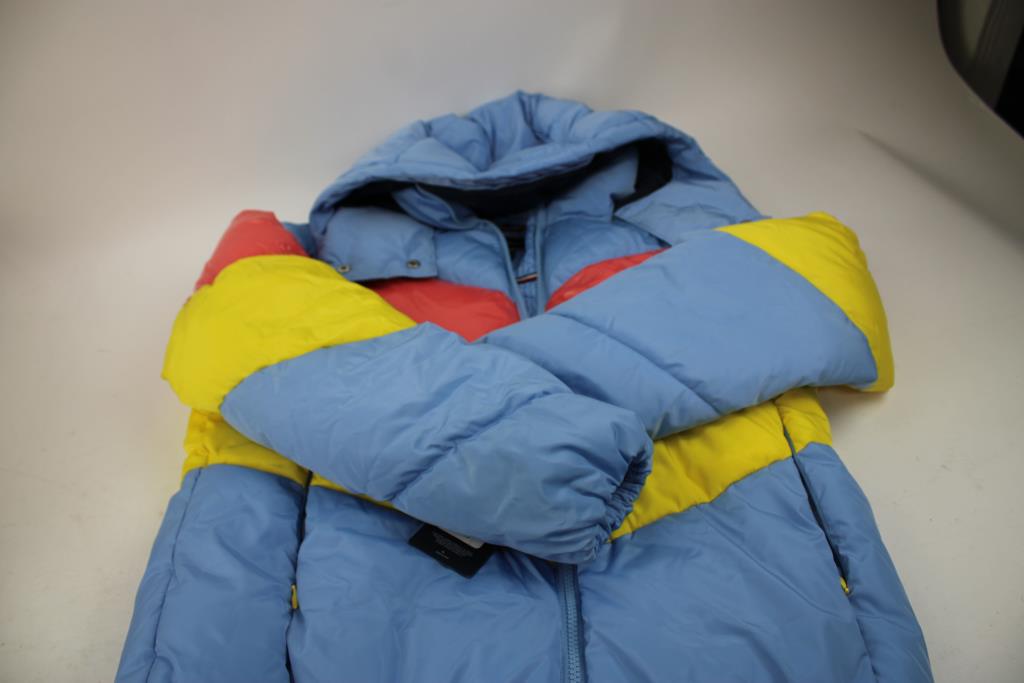 Tommy Hilfiger Multi-Color Striped Hooded Short Puffer Jacket, Small