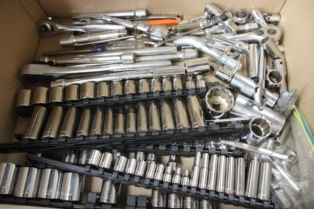 Tool Lot, Socket Set, Ratchet, And More