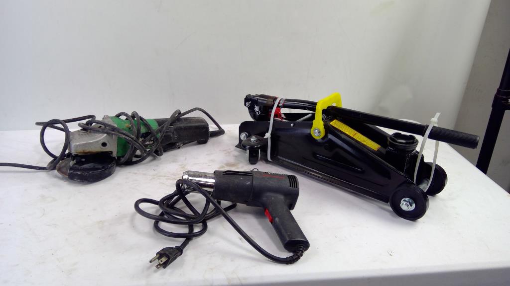 Torin Floor Jack, Hitachi 4-1/2" Angle Grinder, Milwaukee Heat Gun, 3 Pieces