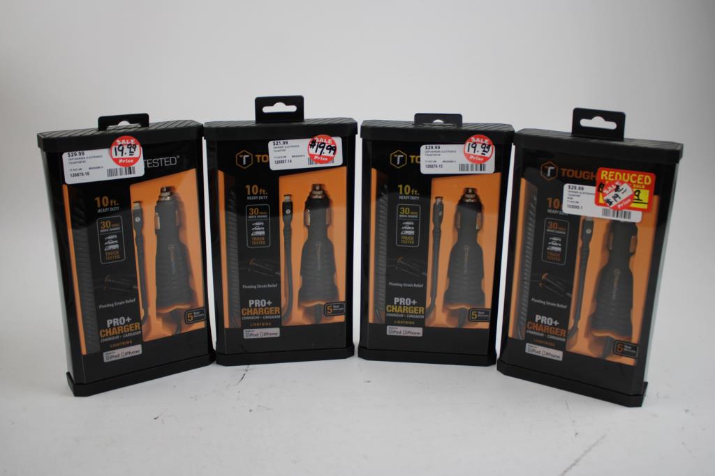 Toughtested Lightning Car Chargers, Micro-USB, Lightning To USB-C Chargers, 6 Pieces