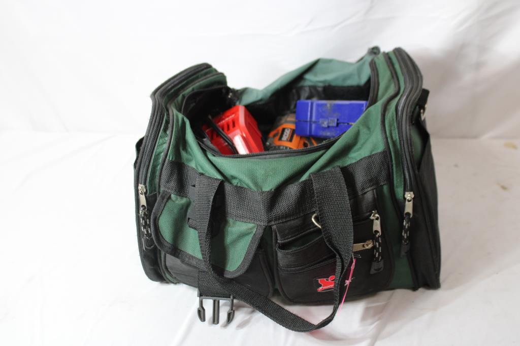 Tournamax Duffle Bag With Mixed Tool Lot - Ridgid Drill, Impact Driver, Drill Bits, And More