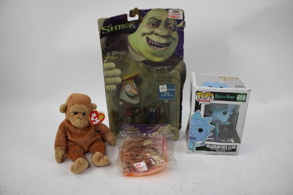 Toy Biz Spiderman MaryJane Fashion Doll, Mcfarlane Toys Shrek Lord Farquaad Mascot, Funko POP 659, & More 6 Pieces