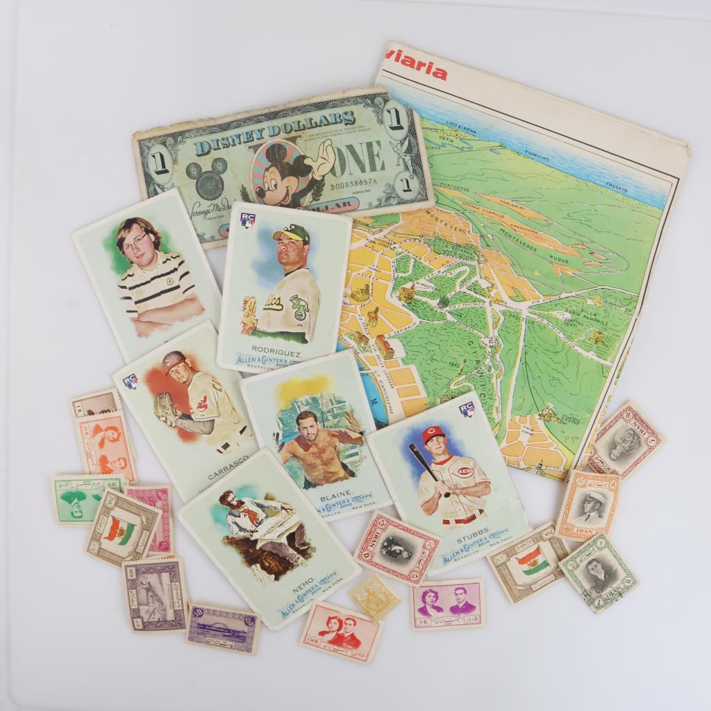 Trading Cards, Stamps, Disney Bill And Map, 20+ Pieces