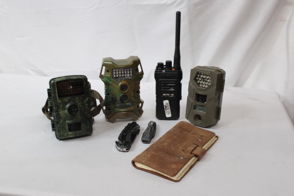 Trail Cameras, Walkie Talkie, Hunting Log, And Folding Knives, 7 Pieces