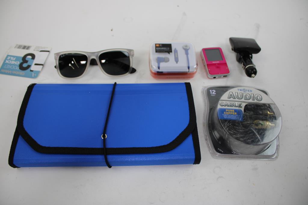 Twisted Audio Cable 12ft, Ray-Ban Sunglasses, JBL Wired Earphones, Philips GoGear Vibe, & More 8 Pieces
