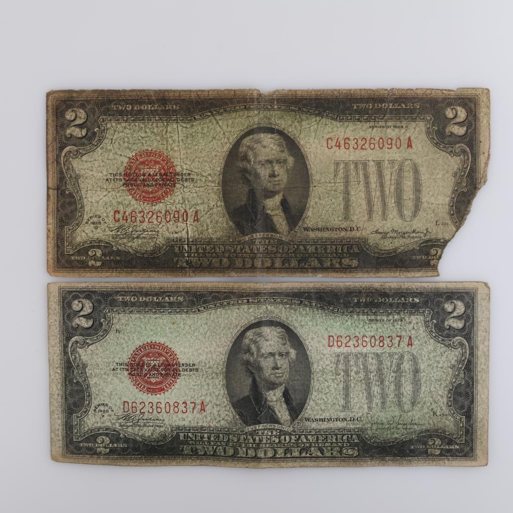 Two 1928 US Note 2 Dollar Bills