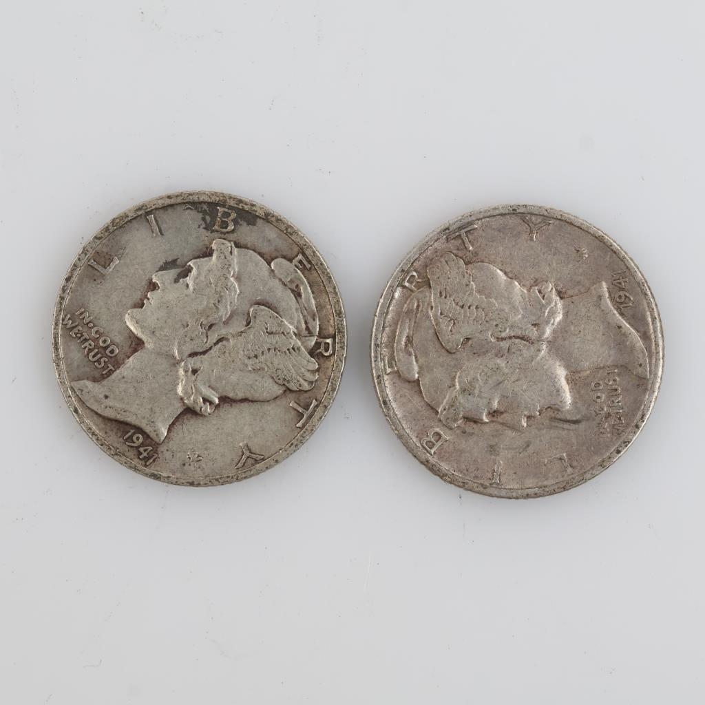 Two 1941-D US Mercury Silver Dimes