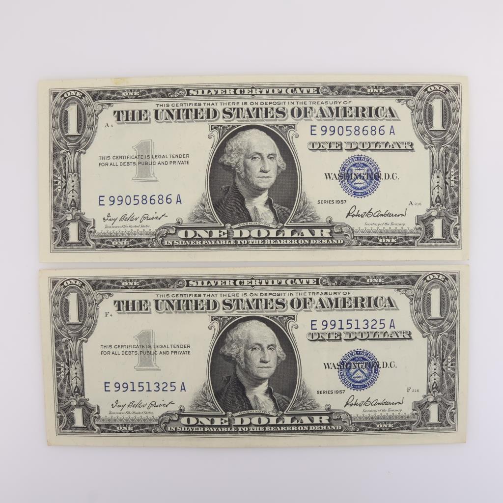 Two 1957 US $1 Silver Certificate, Nearly Crisp