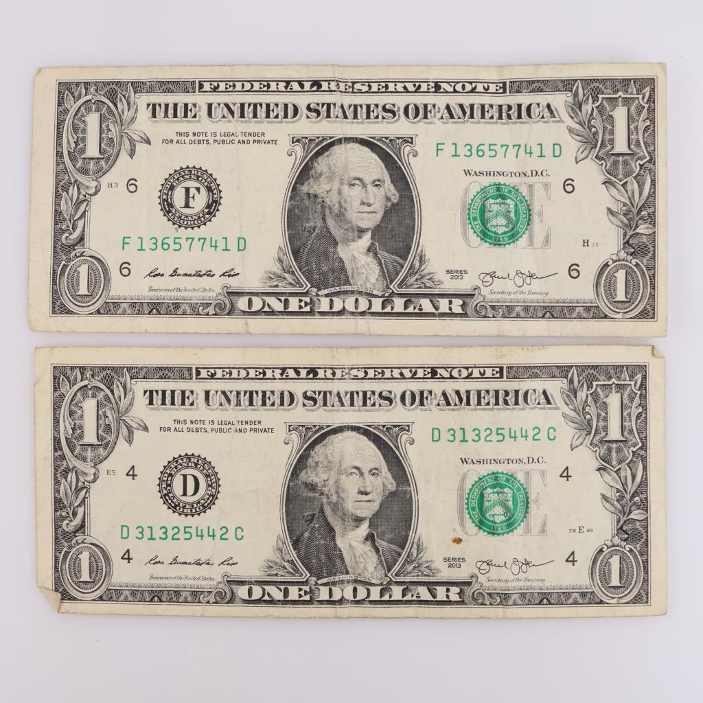 Two 2013 US Federal Reserve Note 1 Dollar Bills