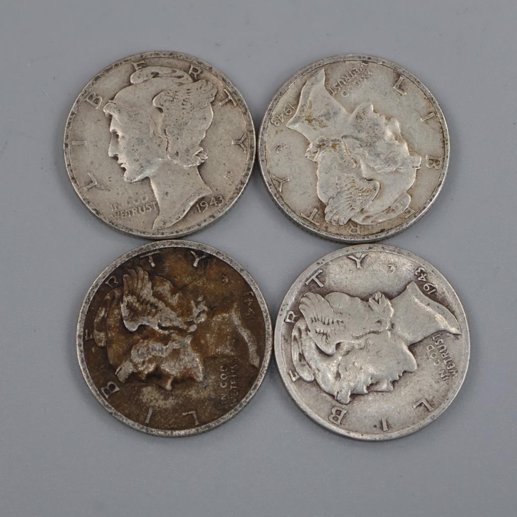 US 1943 Mercury Silver Dime, 4 Pieces