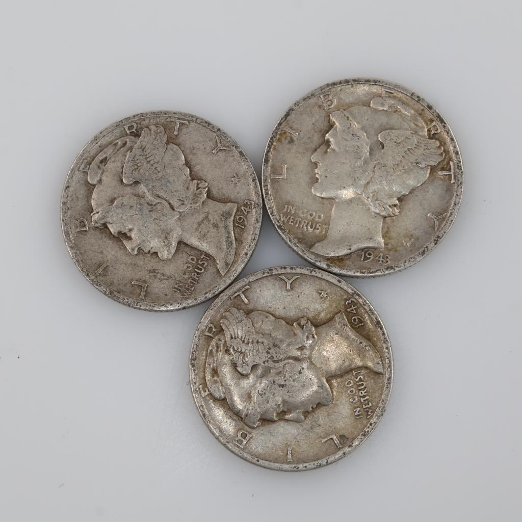 US 1943-D Mercury Silver Dime, 3 Pieces