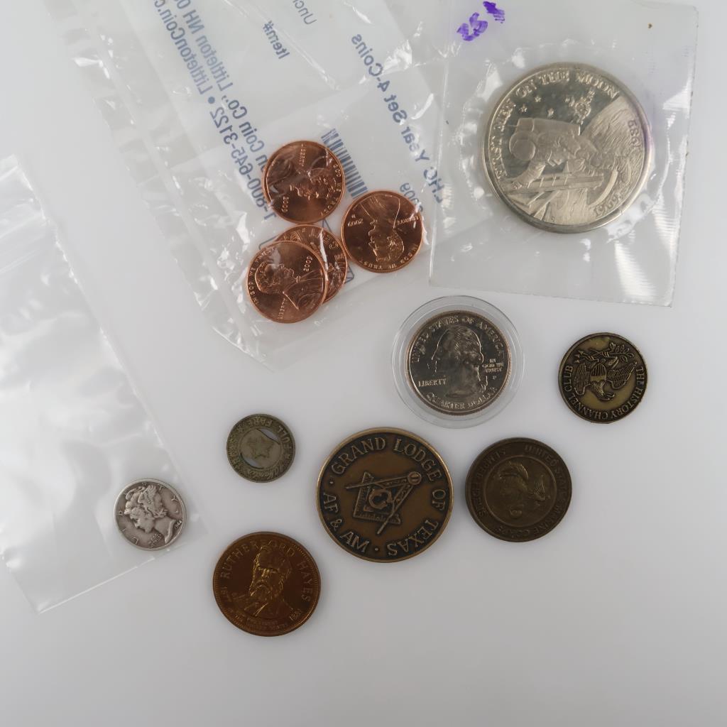 US Coins And Tokens, 9 Pieces (1 Silver Dime Included)