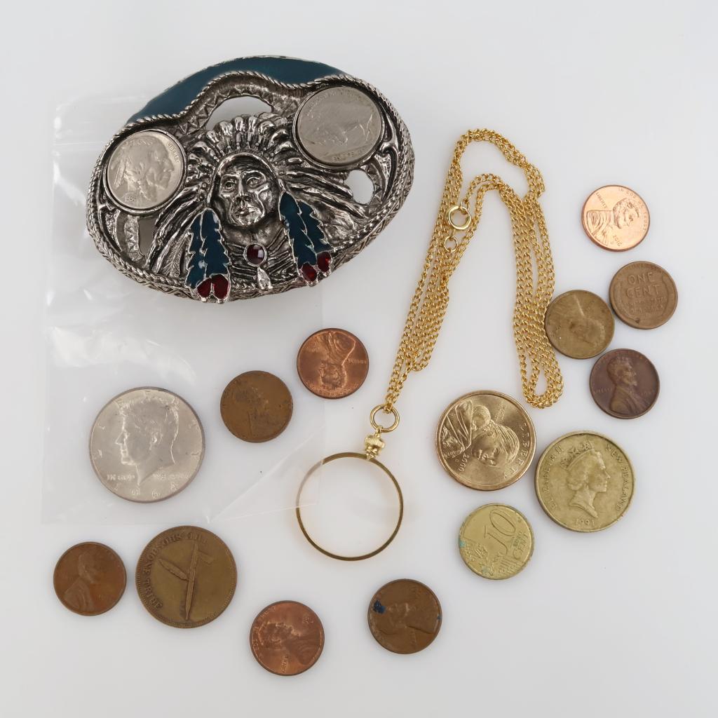 US, Foreign Coins, Mixed Jewelry, 14+ Pieces