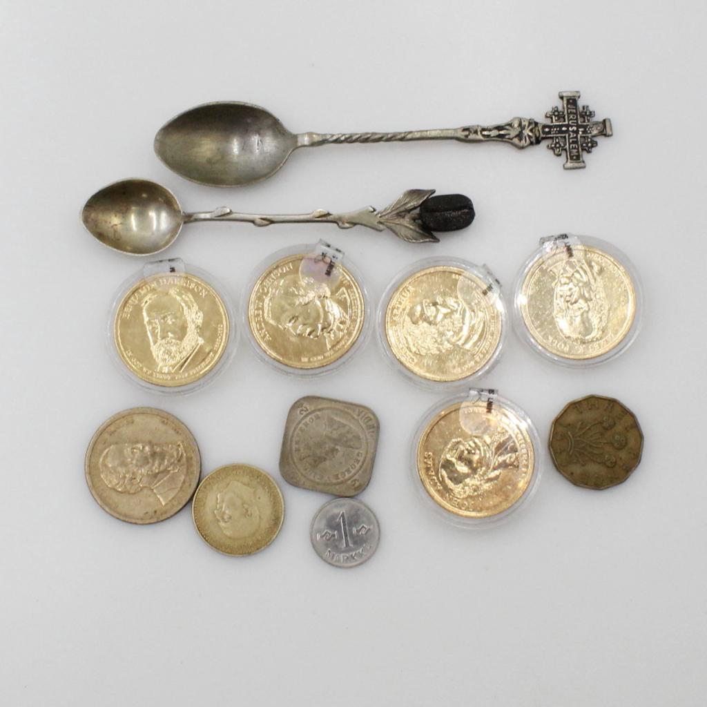 US & Foreign Coins With Silver-plated Spoons, 12 Pieces