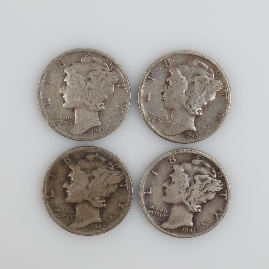 US Mercury Silver Dime, 4 Pieces