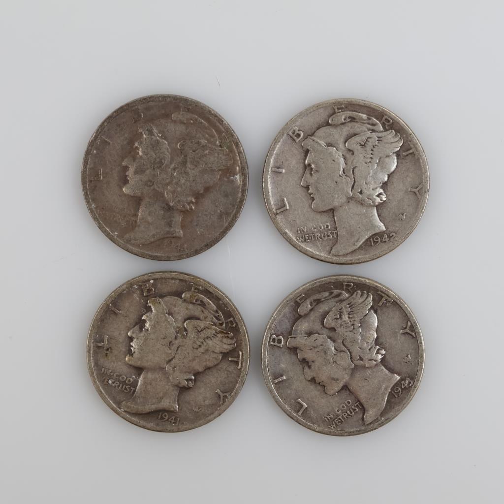 US Mercury Silver Dimes, 4 Pieces