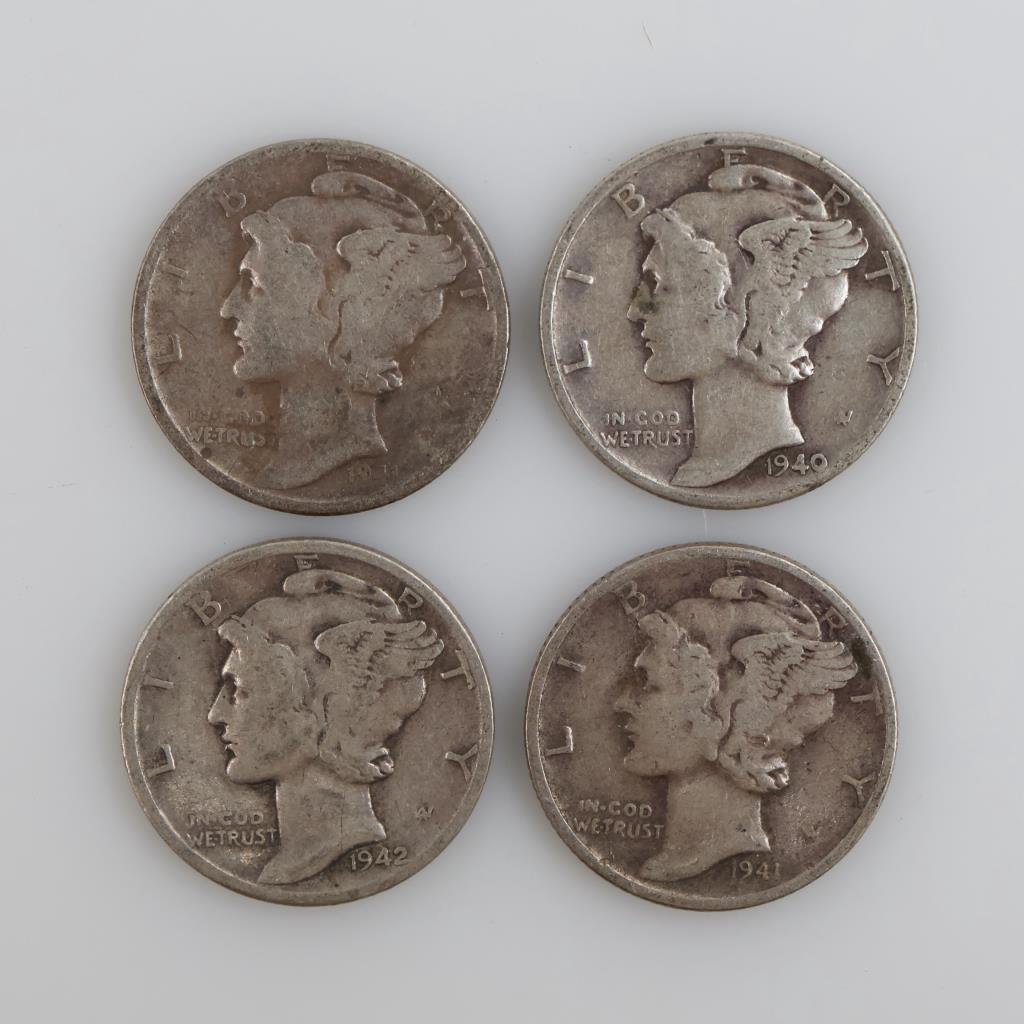 US Mercury Silver Dimes, 4 Pieces