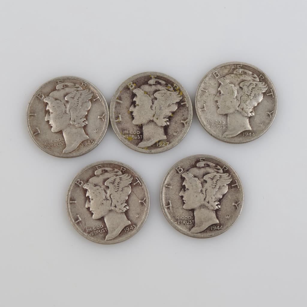 US Mercury Silver Dimes, 5 Pieces