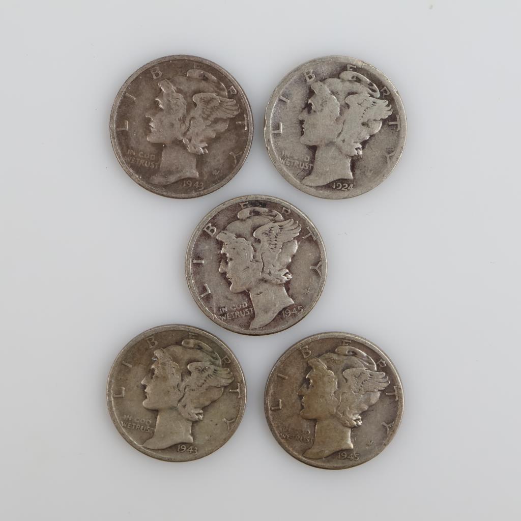 US Mercury Silver Dimes, 5 Pieces