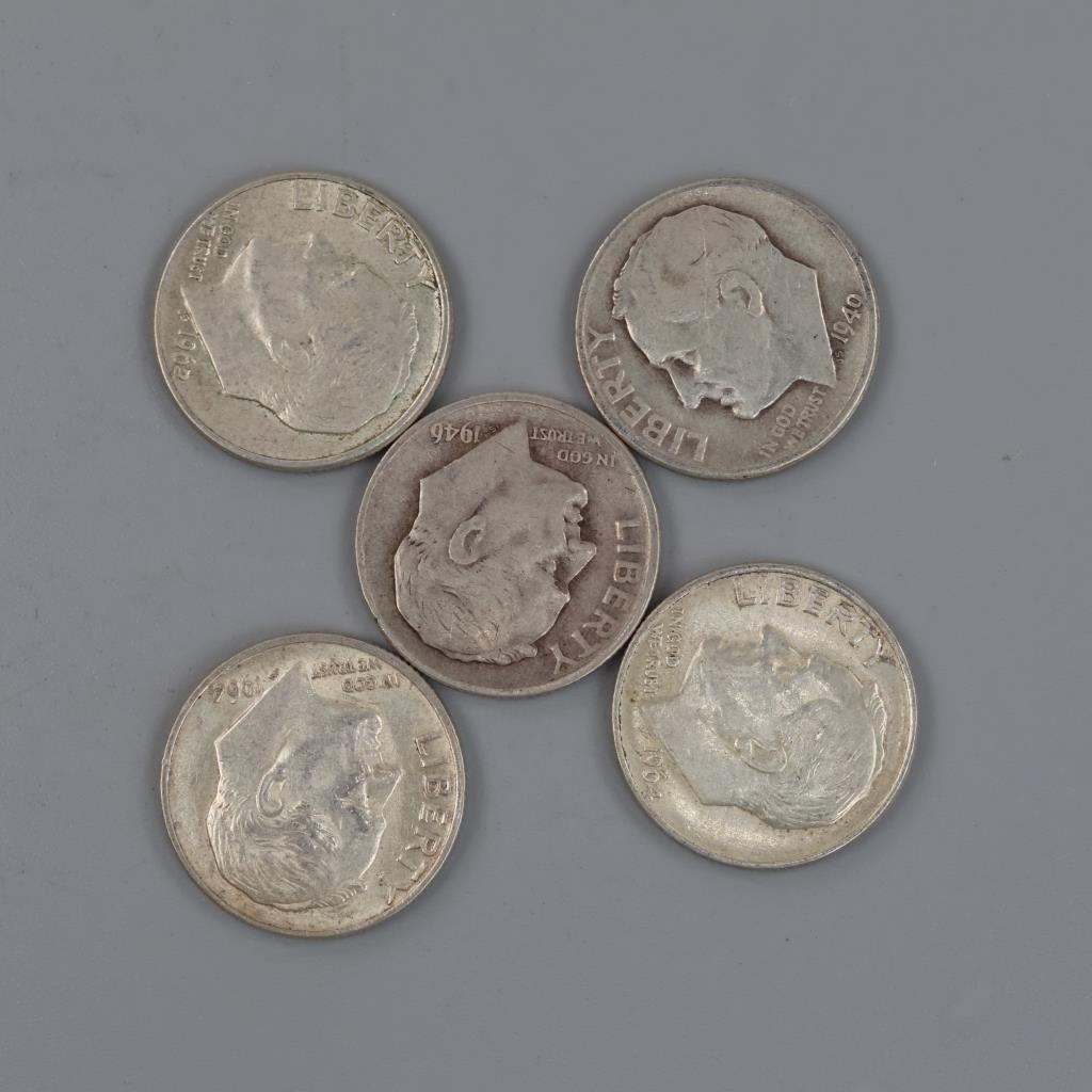 US Roosevelt Silver Dime, 5 Coins