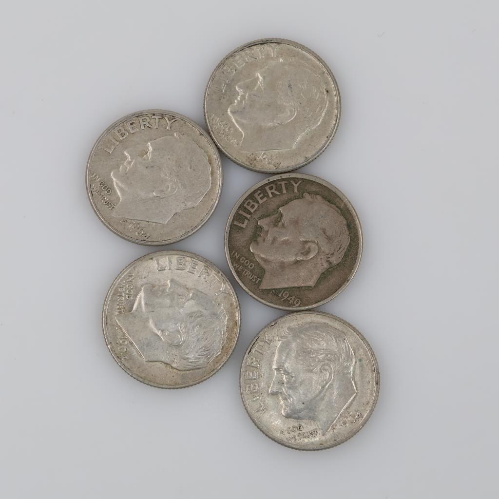 US Roosevelt Silver Dimes, 5 Coins
