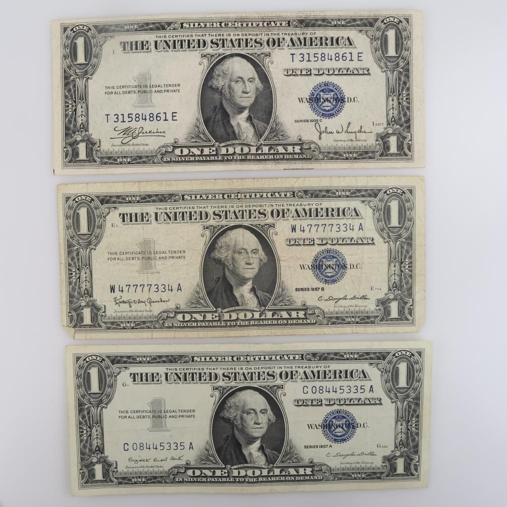 US Silver Certificate One Dollar, 3 Pieces