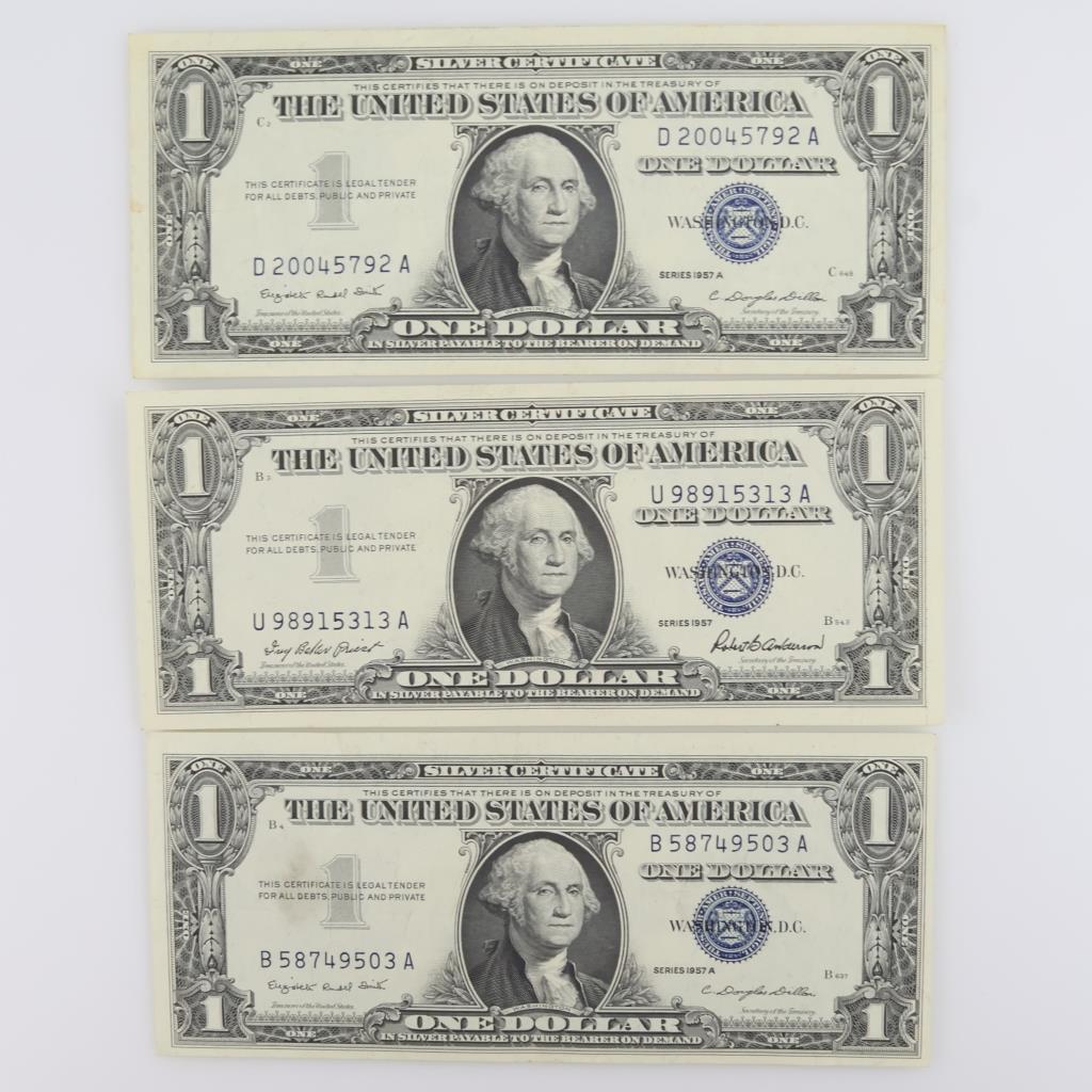 US Silver Certificate One Dollar Blue Seal, 3 Pieces