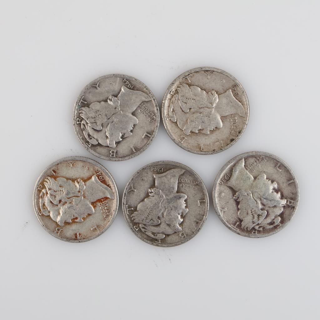 US Silver Dimes, 5 Pieces