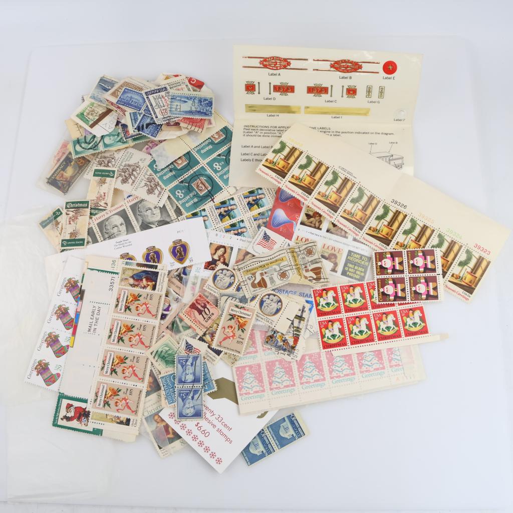 US Stamps And Decorative Labels, 200+ Pieces